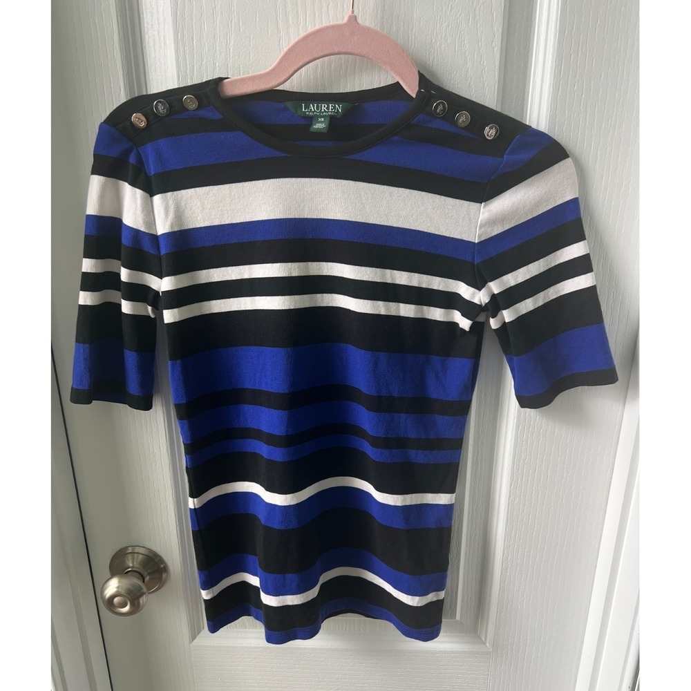 Ralph Lauren Pullover Top Blue Black‎ White Stripe Silver Logo Buttons Size XS